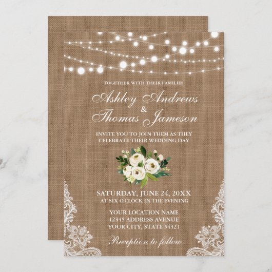 Invitation Mariage rustique Burlap Lace Lights Floral Invitat (Devant / Derrière)