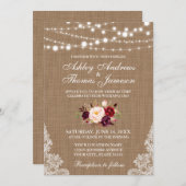 Invitation Mariage rustique Burlap Lace Lights Floral Invitat (Devant / Derrière)