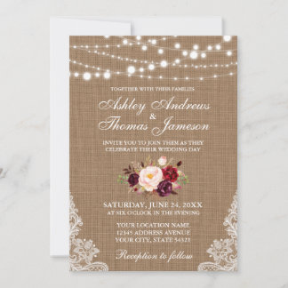 Invitation Mariage rustique Burlap Lace Lights Floral Invitat