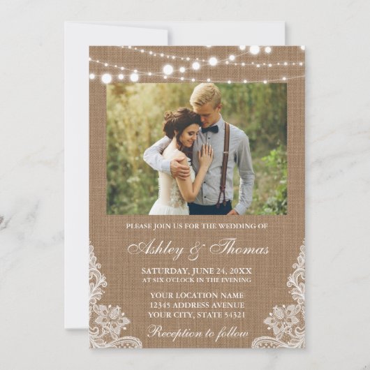Invitation Mariage rustique Burlap Lights dentelle photo (Devant)