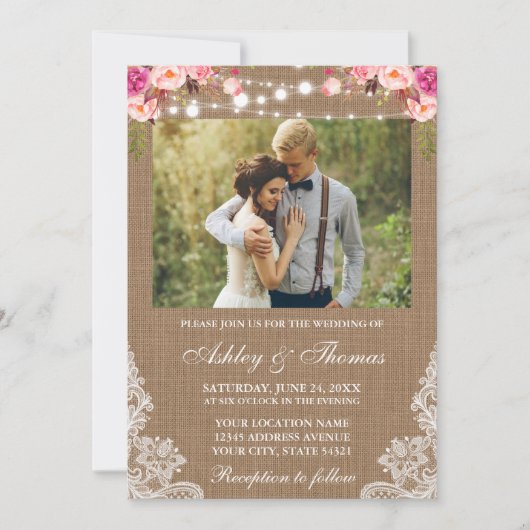 Invitation Mariage rustique Burlap Lights dentelle photo flor (Devant)
