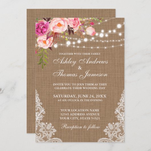 Invitation Mariage rustique Burlap Lights Floral Lace Invitat (Devant / Derrière)