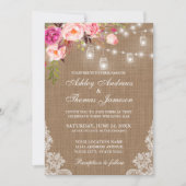 Invitation Mariage Rustique Burlap Lights Jars Lace rose Flor (Devant)