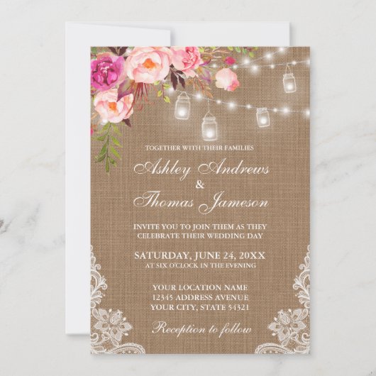 Invitation Mariage Rustique Burlap Lights Jars Lace rose Flor (Devant)