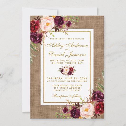 Invitation Mariage Rustique Burlap Mariage Bourgogne Inviter (Devant)