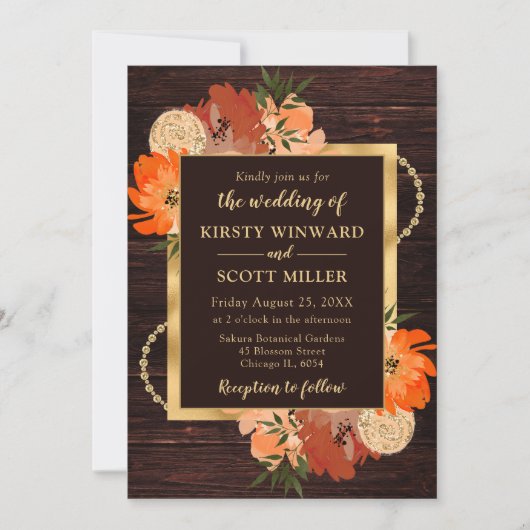 Invitation Mariage Rustique Burnt Orange Fall Flowers (Devant)
