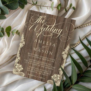 Invitation Mariage rustique calligraphié avec dentelle et boi