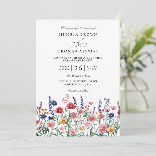 Invitation Mariage Rustique Champêtre Bohème Code QR Fleur Sa (Debout devant)
