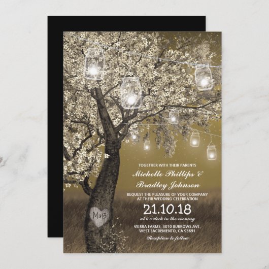 Invitation Mariage Rustique Cherry Tree & String Lights (Devant / Derrière)