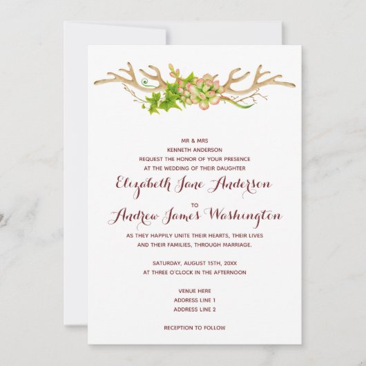 Invitation Mariage Rustique Chic avec Bois de Cerf et Fleurs (Devant)