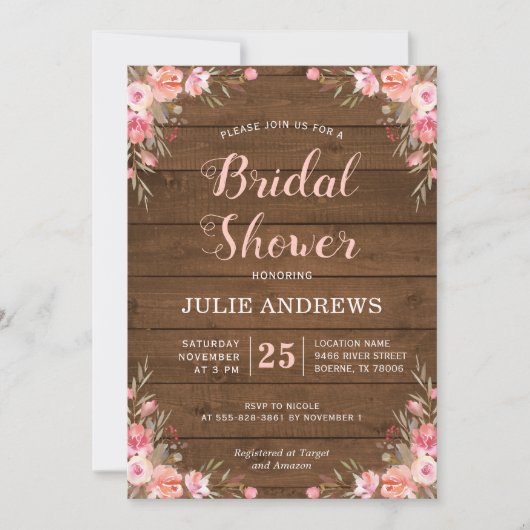 Invitation Mariage rustique chic campagne rose floral bois (Devant)