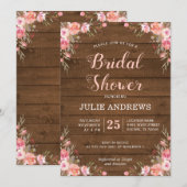 Invitation Mariage rustique chic campagne rose floral bois (Devant / Derrière)