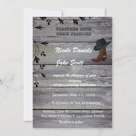 Invitation Mariage rustique classique chapeau noir et bottes  (Devant)