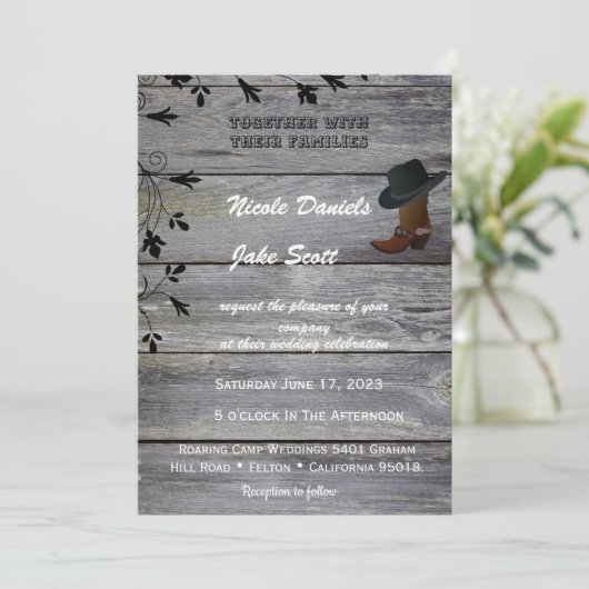 Invitation Mariage rustique classique chapeau noir et bottes (Debout devant)