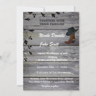 Invitation Mariage rustique classique chapeau noir et bottes 