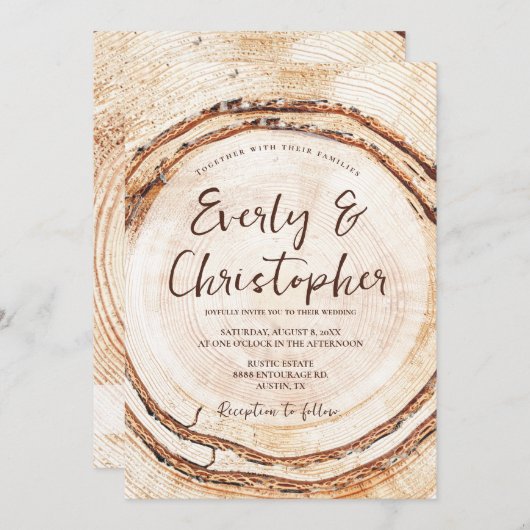 Invitation Mariage rustique coupe coupe tranche sur bois pers (Devant / Derrière)