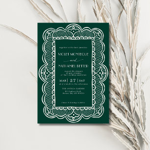 Invitation Mariage rustique d'argent ancien en dentelle émera