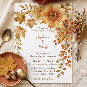 Invitation Mariage rustique d'automne aquarelle feuilles d'or