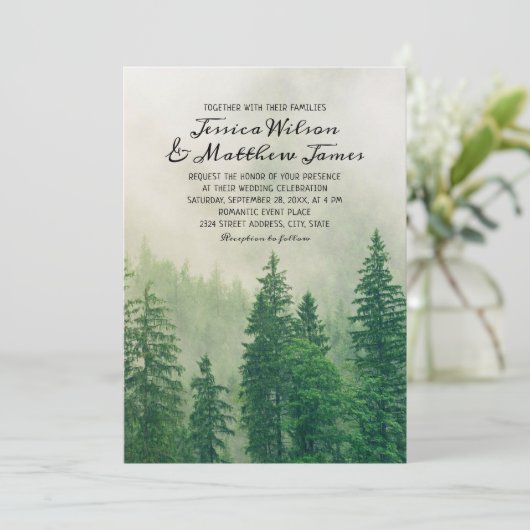 Invitation Mariage rustique de bois de pin vert (Debout devant)
