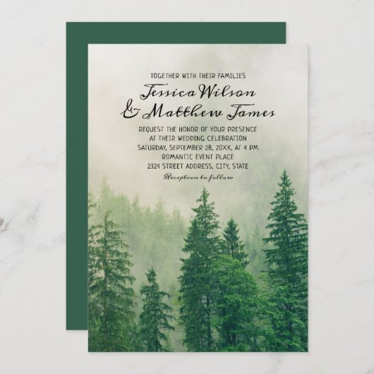 Invitation Mariage rustique de bois de pin vert (Devant / Derrière)