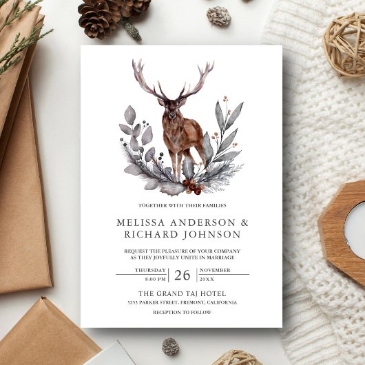 Invitation Mariage Rustique de Cerf de Forêt à l'Aquarelle