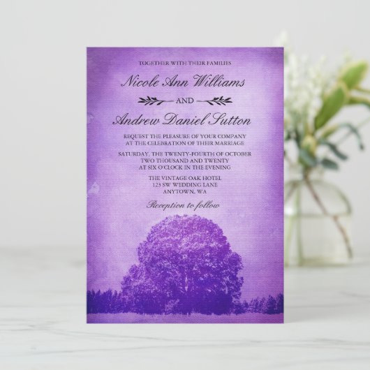 Invitation Mariage rustique de chêne violet (Debout devant)