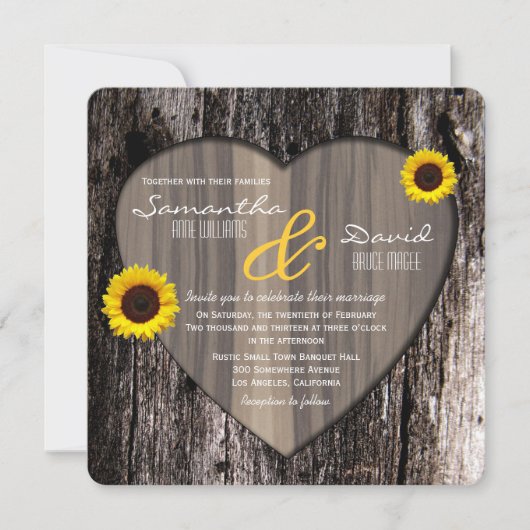 Invitation Mariage rustique de coeur et de tournesol d'écorce (Devant)