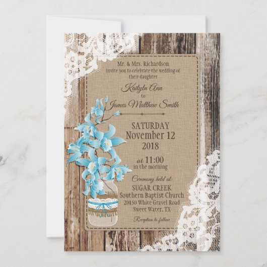 Invitation Mariage rustique de dentelle en bois d'orchidée bl (Devant)
