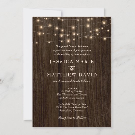 Invitation Mariage Rustique de Ferme avec Lumières Scintillan (Devant)