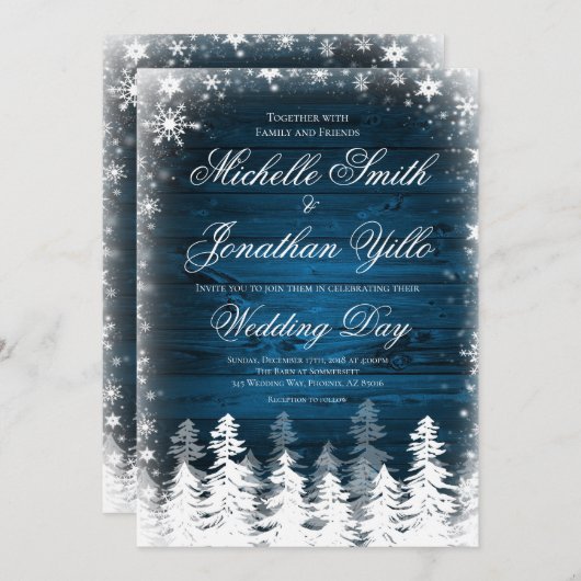 Invitation Mariage rustique de flocon de neige d'hiver (Devant / Derrière)