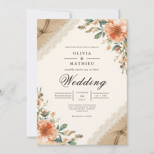 Invitation Mariage rustique de floraison de terroir (Devant)