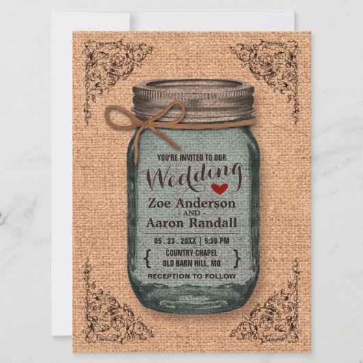 Invitation Mariage rustique de la campagne Burlap Jar (Devant)