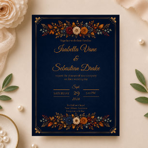 Invitation Mariage rustique de l'automne en bleu marine