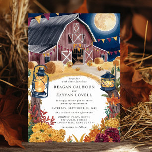 Invitation Mariage rustique de nuit en automne avec une grang