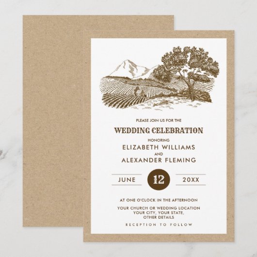 Invitation Mariage rustique de papier Kraft à crosse (Devant / Derrière)