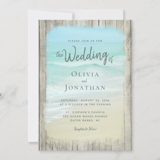Invitation Mariage rustique de plage de bois tout en un code  (Devant)