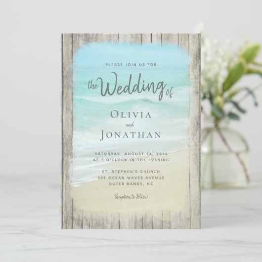 Invitation Mariage rustique de plage de bois tout en un code  (Debout devant)