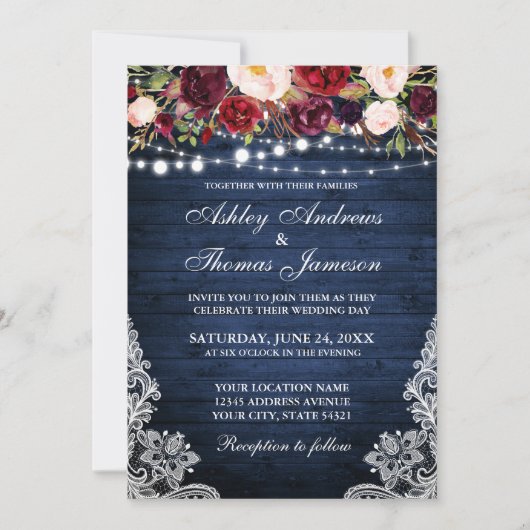 Invitation Mariage Rustique Dentelle Florale Bleu Bois Lumièr (Devant)