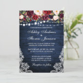 Invitation Mariage Rustique Dentelle Florale Bleu Bois Lumièr (Debout devant)