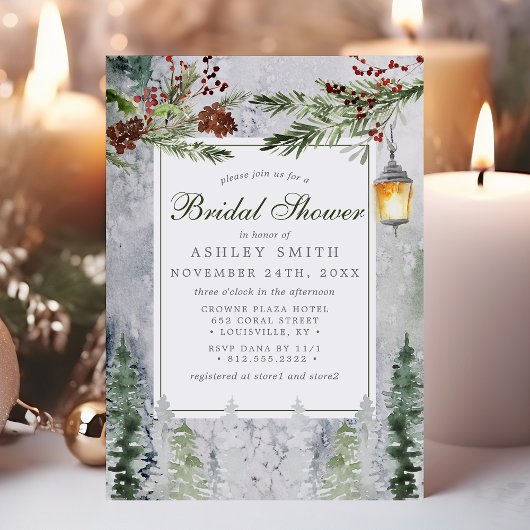 Invitation Mariage Rustique d'Hiver avec Lanterne et Pins