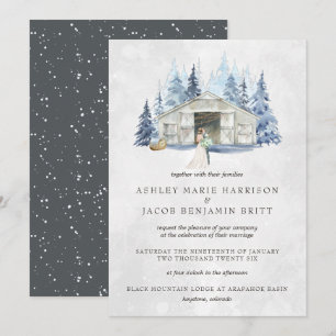 Invitation Mariage rustique d'hiver en grange aux evergreen