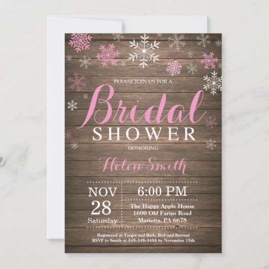 Invitation Mariage Rustique d'Hiver Flocon de Neige Rose (Devant)
