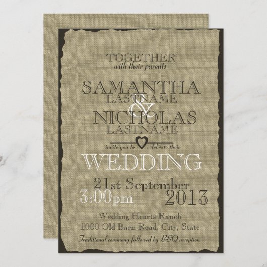 Invitation Mariage rustique du pays Burlap (Devant / Derrière)