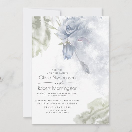 Invitation Mariage | Rustique Dusty Blue Roses (Devant)