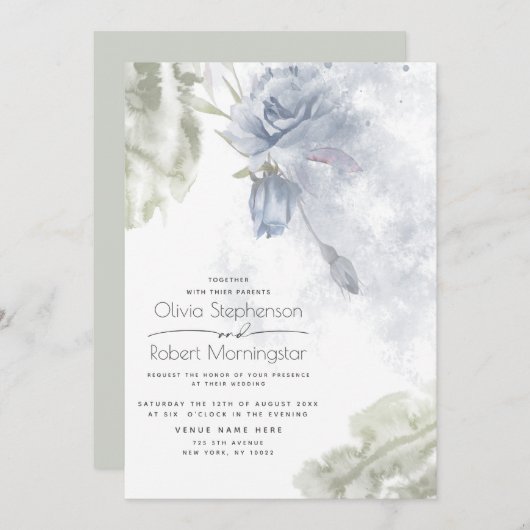 Invitation Mariage | Rustique Dusty Blue Roses (Devant / Derrière)