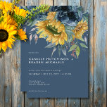 Invitation Mariage Rustique Dusty Blue Sunflowers<br><div class="desc">Célébrez la chaleur et la vitalité de votre amour avec cette magnifique invitation au tournesol. Les teintes jaunes et marron des tournesols, complétées par les pavots bleus poussiéreux et le feuillage vert luxuriant, créent une atmosphère captivante et joyeuse. L'arrière - plan bleu foncé apporte une touche de sophistication, tandis que...</div>