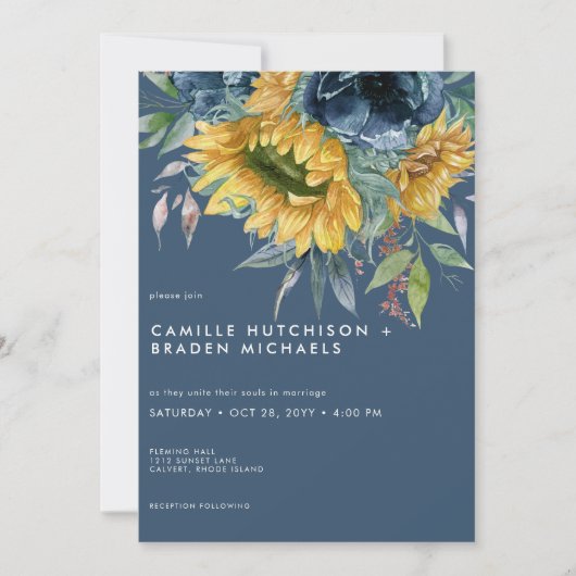 Invitation Mariage Rustique Dusty Blue Sunflowers (Devant)