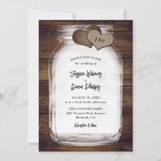Invitation Mariage Rustique en Bois avec Pot Mason et Cœurs d (Devant)