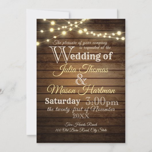 Invitation Mariage rustique en bois de tonneau et lampes à co (Devant)