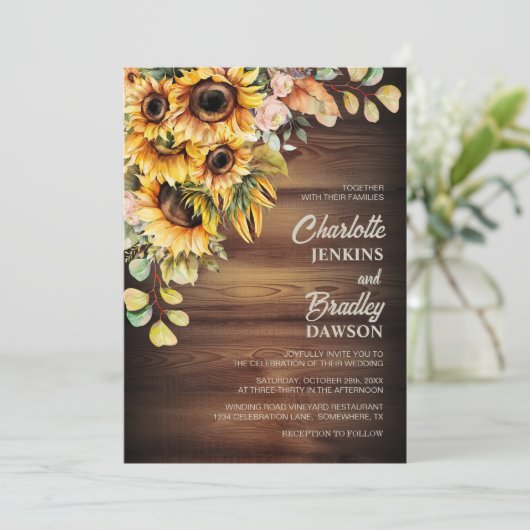 Invitation Mariage rustique en bois de tournesol (Debout devant)